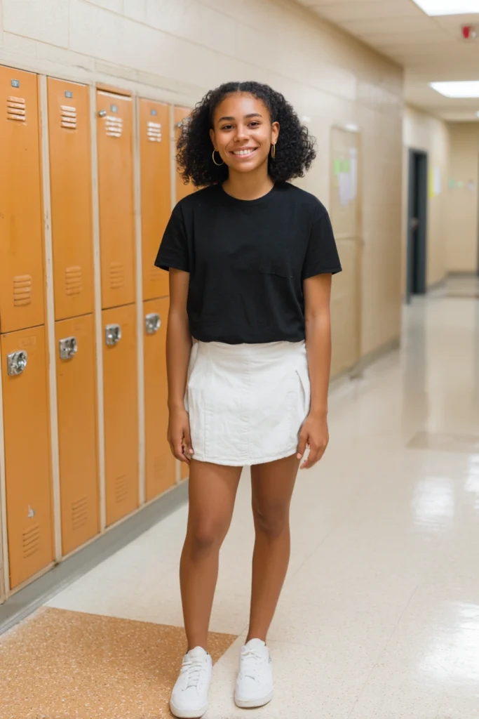 A teenage high school student smiling as she stands alone in a school corridor.