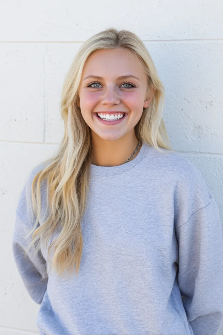 A happy, smiling teenage girl wearing a grey sweatshirt and standing in front of a white wall.