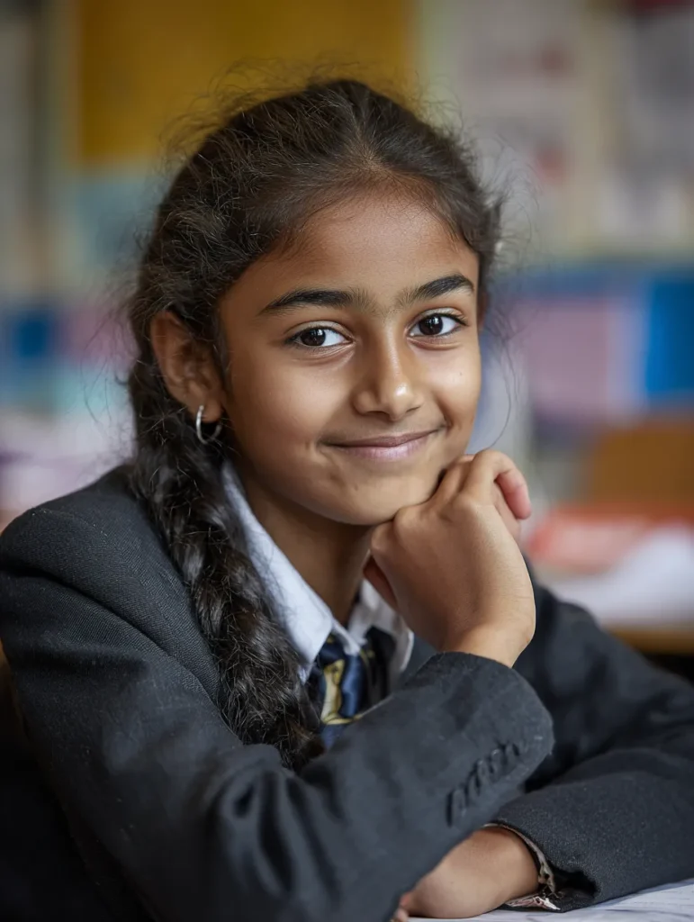 a tween girl sitting at a desk in a classroom