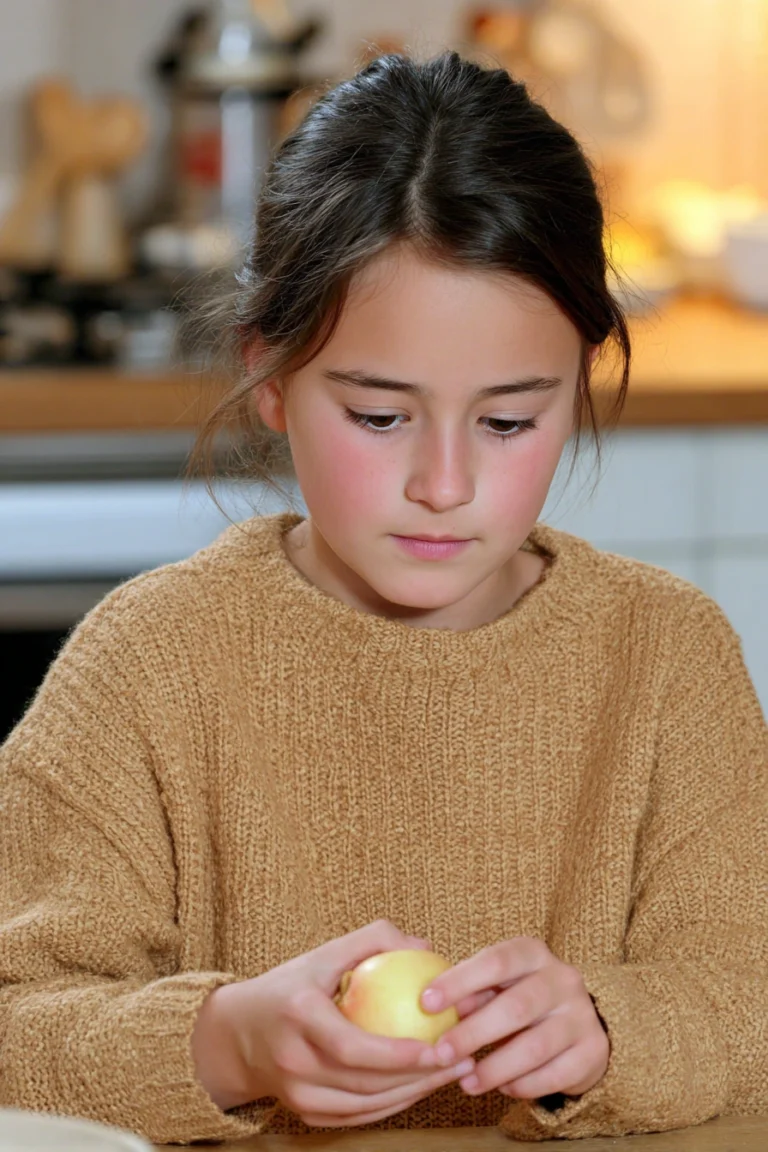 A child with ADHD sitting at home in her kitchen holding an apple.