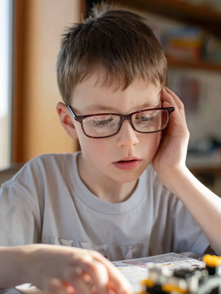 A little boy with ADHD and wearing glasses, concentrating on something.