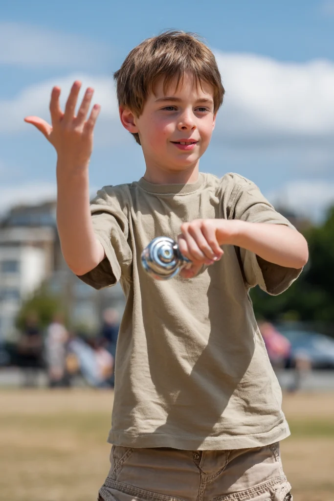A nine-year-old boy with aDHD outside in a field, enjoying playing with a fidget spinner.