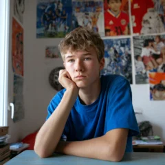 A teenage boy in a room with white walls and full of sporting posters. He is sitting at a desk, resting his arms on the desk.