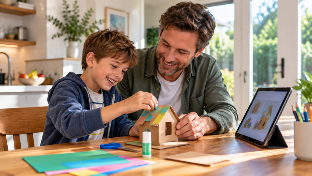 A 9-year-old boy and his dad using online instructions to build a house out of cardboard and coloured paper
