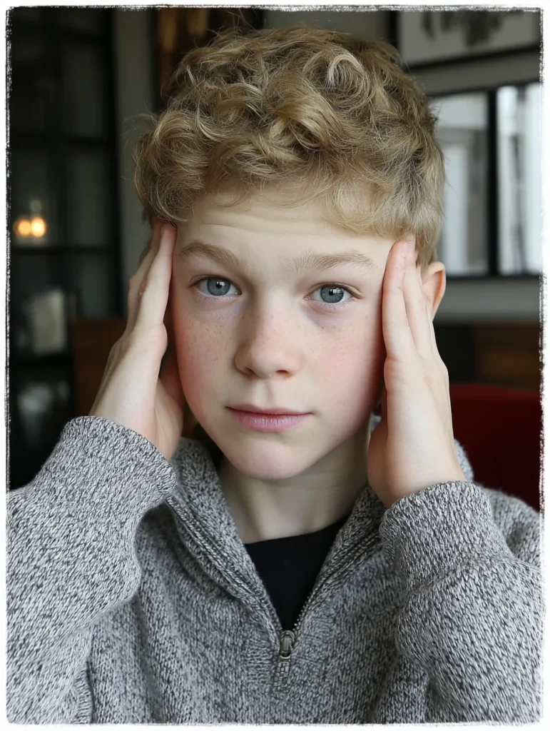 a tween boy pressing his fingers to his temples