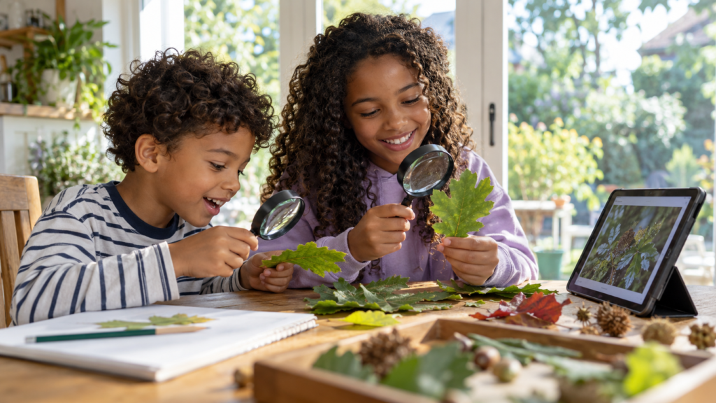Two siblings using magnifying glasses to explore leaves on a kitchen table at home