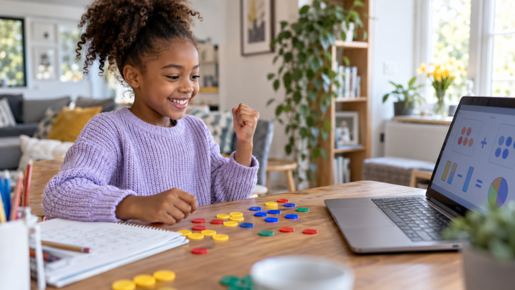 A 10-year-old girl using an online maths programme to practise at home