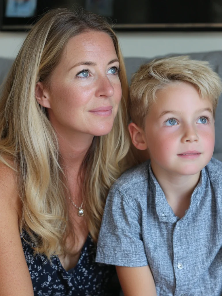 a little boy sitting with his mother