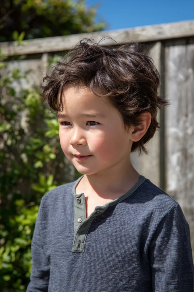 a little boy standing in front of a garden fence
