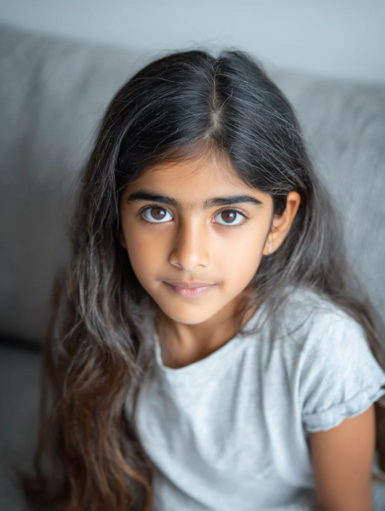 a little girl sitting on a grey sofa