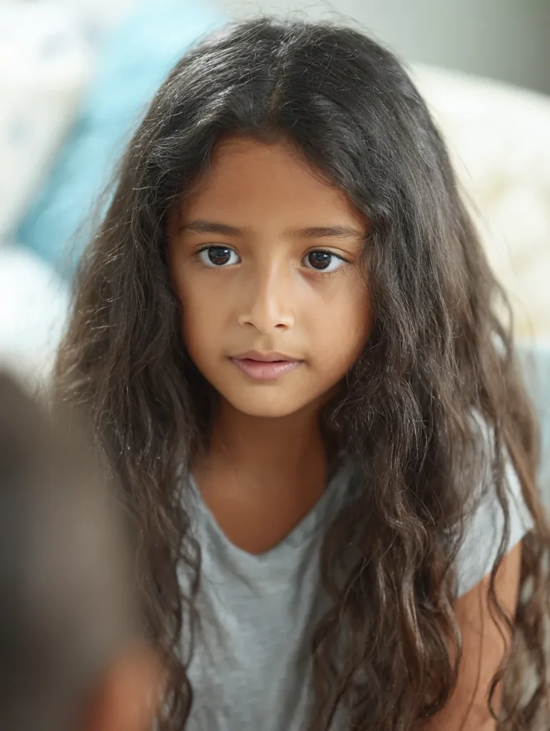 a worried 8 year-old girl talking with an adult