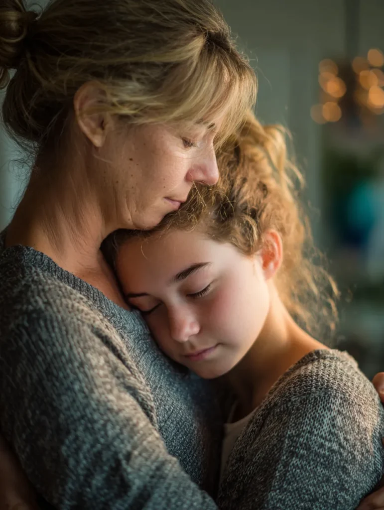 a mother hugging her tween daughter