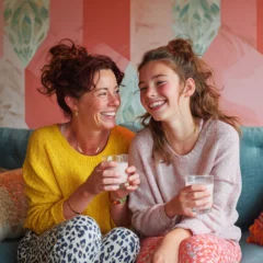 A mother and teenage daughter sitting down together having a drink, wearing vibrant clothing and smiling.