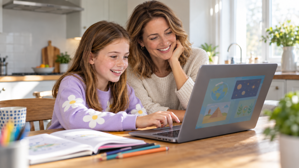 A mother helping her 11-year-old daughter with online learning at home