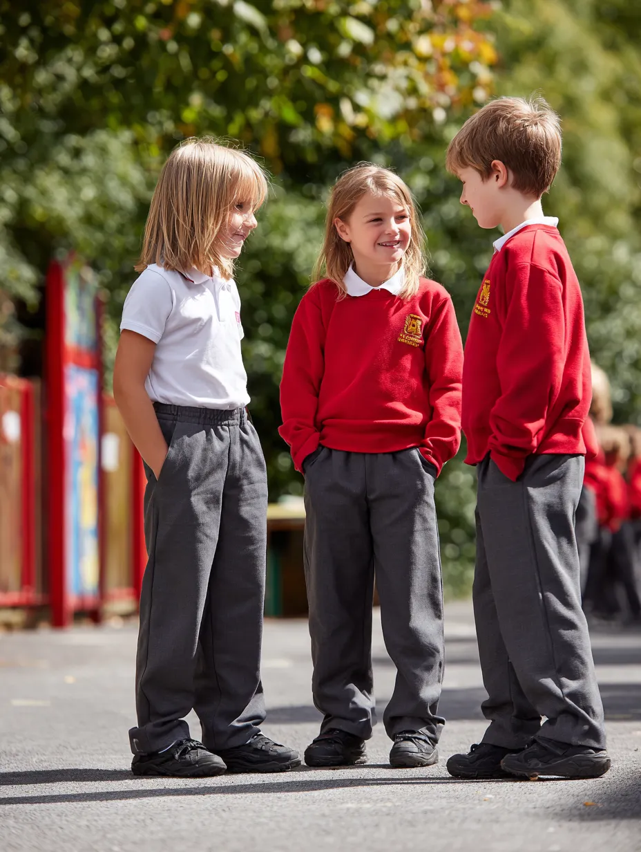 a group of three ten year-old school children chatting in the play ground at school