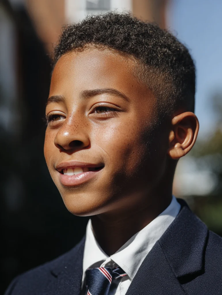 Close-up of a 13-year-old British schoolboy outdoors.