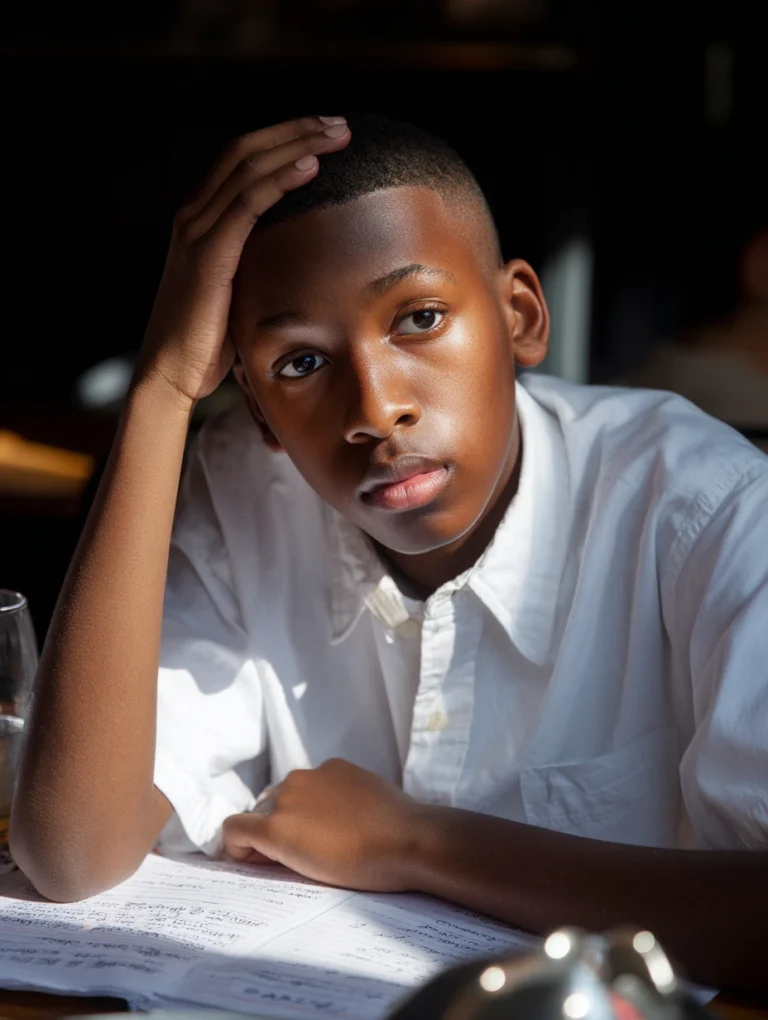 a teenage boy sitting at his school desk