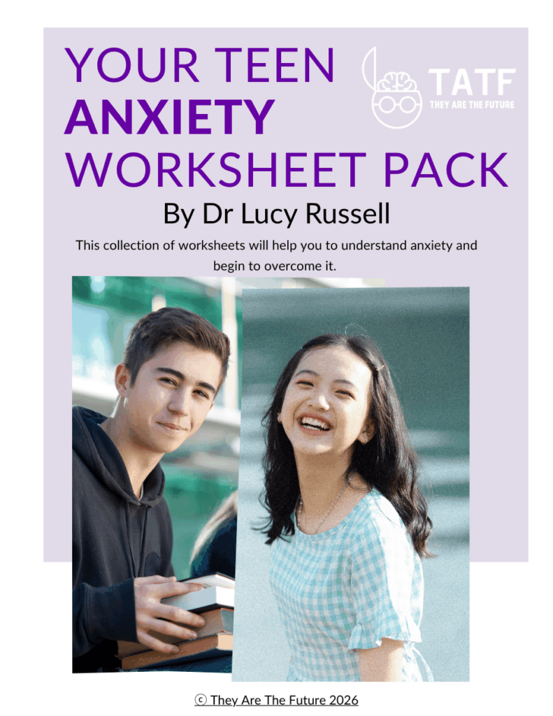 The front cover of Dr. Lucy Russell's Teen Anxiety Worksheets pack (free PDF)