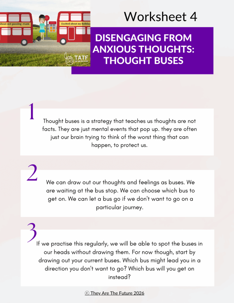 One of the pages from Dr. Lucy Russell's Teen Anxiety Worksheets Pack detailing a CBT and mindfulness practice called Thought Buses.