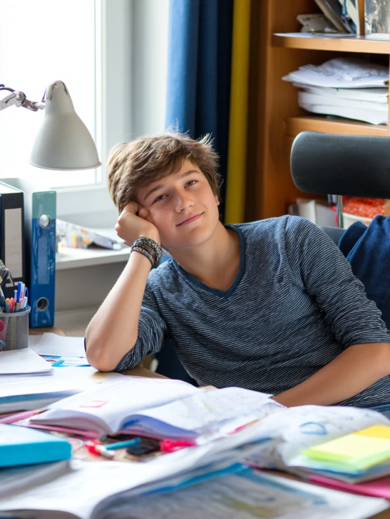 An ADHD teen boy sitting at his desk, which is very cluttered