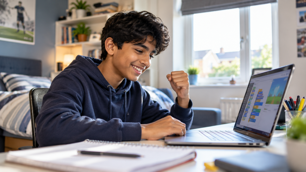 A teenage boy taking part in an online coding programme at home