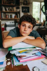 A serious teenage boy sitting at her desk and resting his arms on a large pile of books and notes.