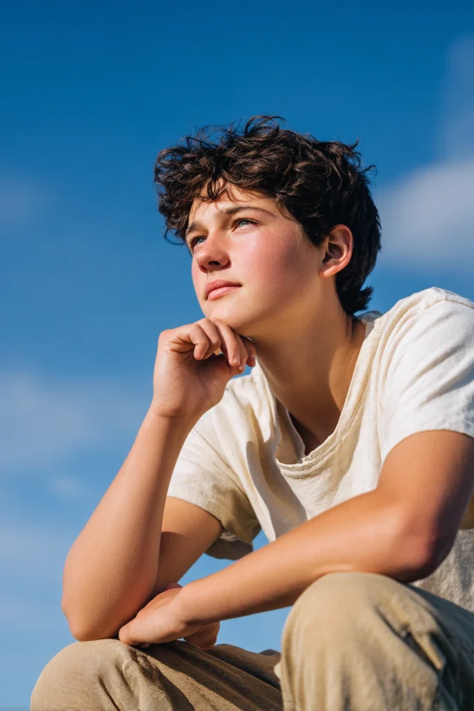 A teenage boy sitting and contemplating something outdoors, with a blue sky above him.
