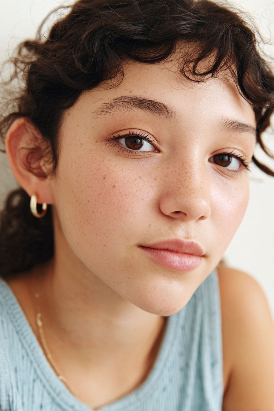 A close-up of a teenage girl with a serious and anxious face.