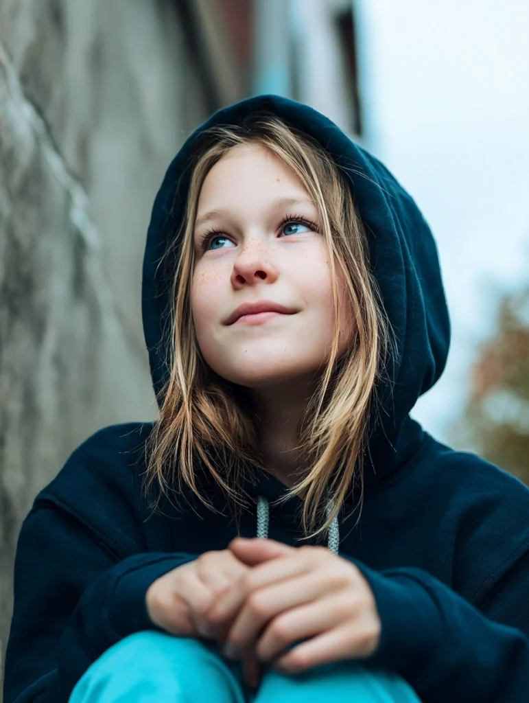 a tween girl wearing a black hoodie and sitting on some outdoor steps