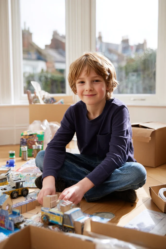A little boy sitting cross-legged on the floor at home, surrounded by toys and craft materials.
