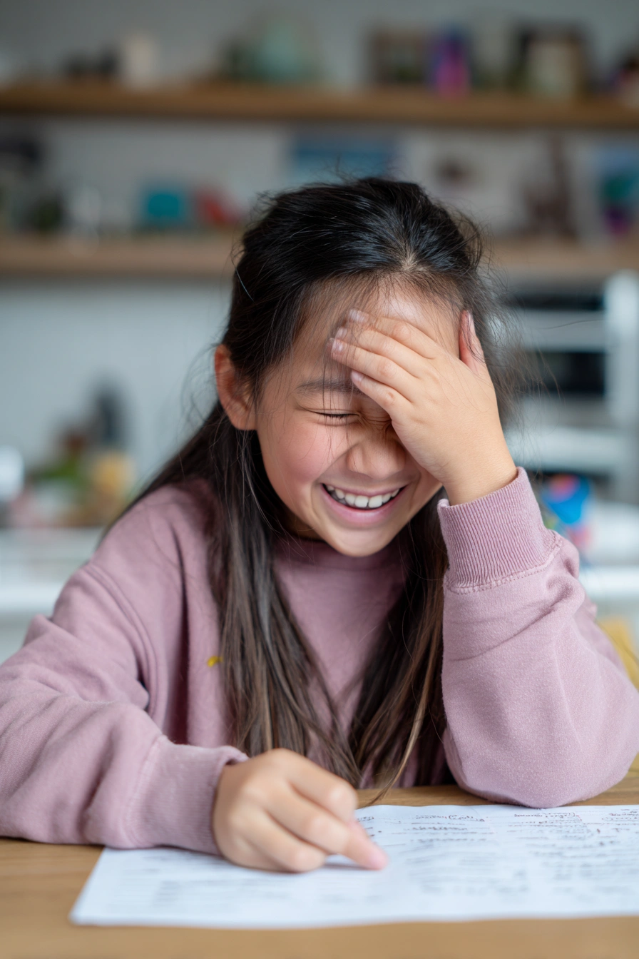 A little girl sitting at her desk and laughing at something.