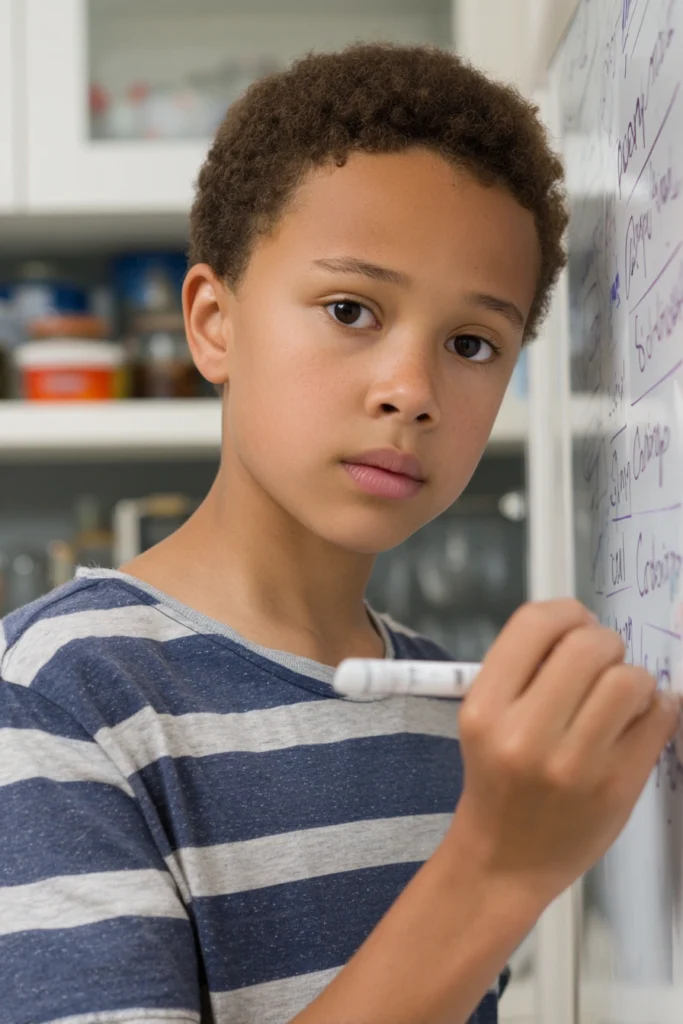 A little boy writing on a whiteboard