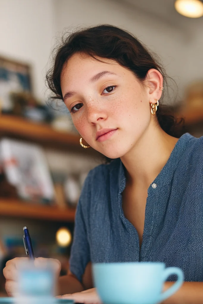 A serious-looking teenage girl sitting at her desk writing, with a teacup next to her page