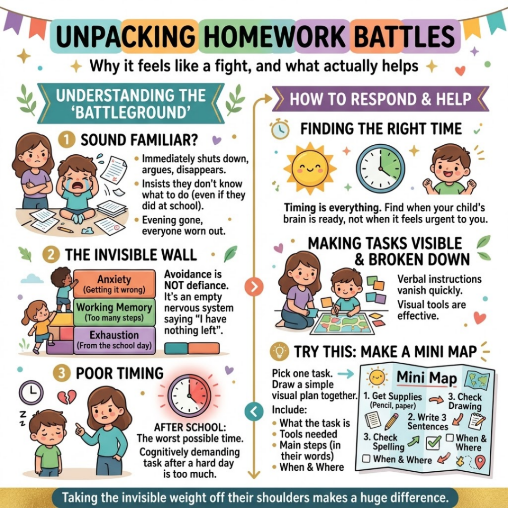 An infographic on overcoming homework battles with your child by Dr Lucy Russell, clinical psychologist and founder of They Are The Future