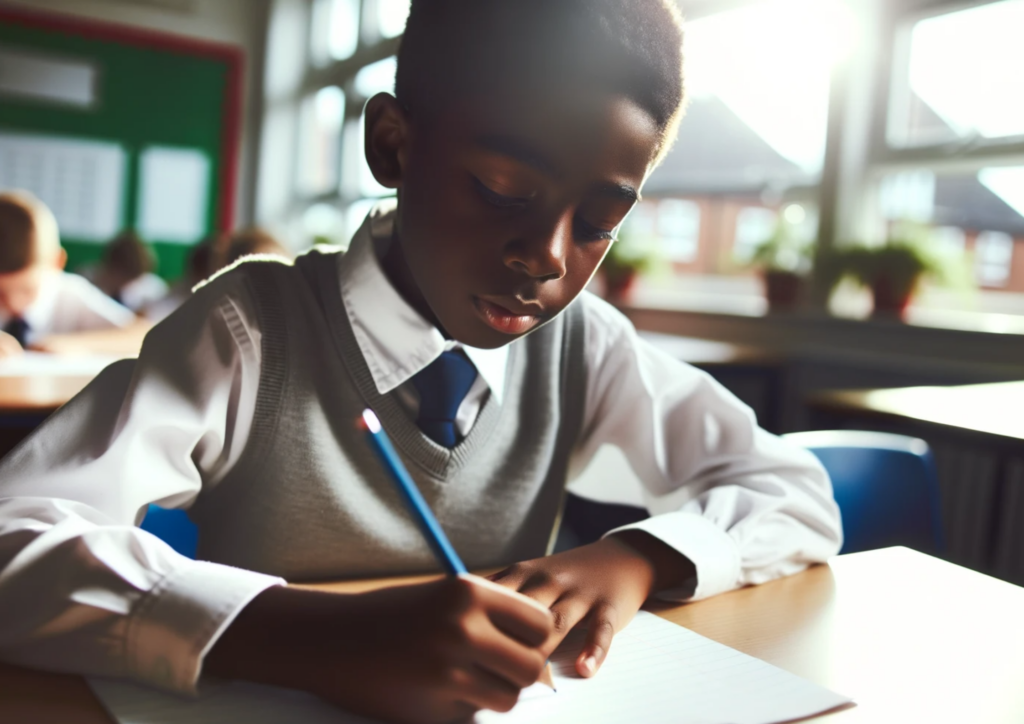 little boy writing at a school desk