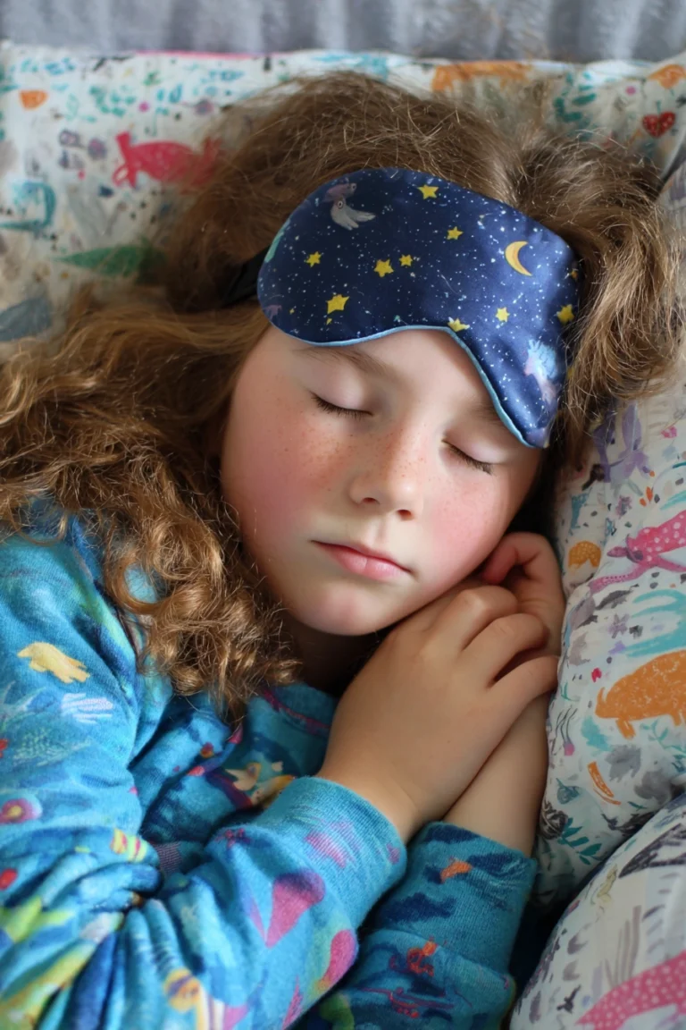 Image of a seven-year-old girl sleeping on a comfy pillow with an eye mask on her forehead.