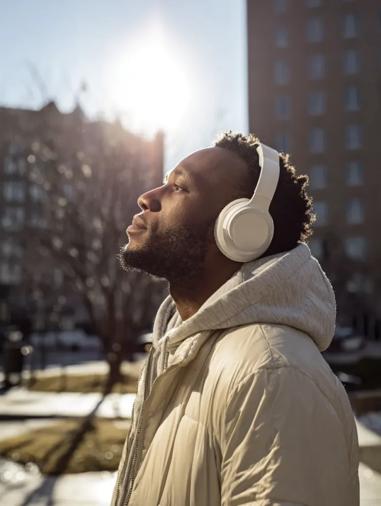 a man standing outdoors in an urban area listening to music