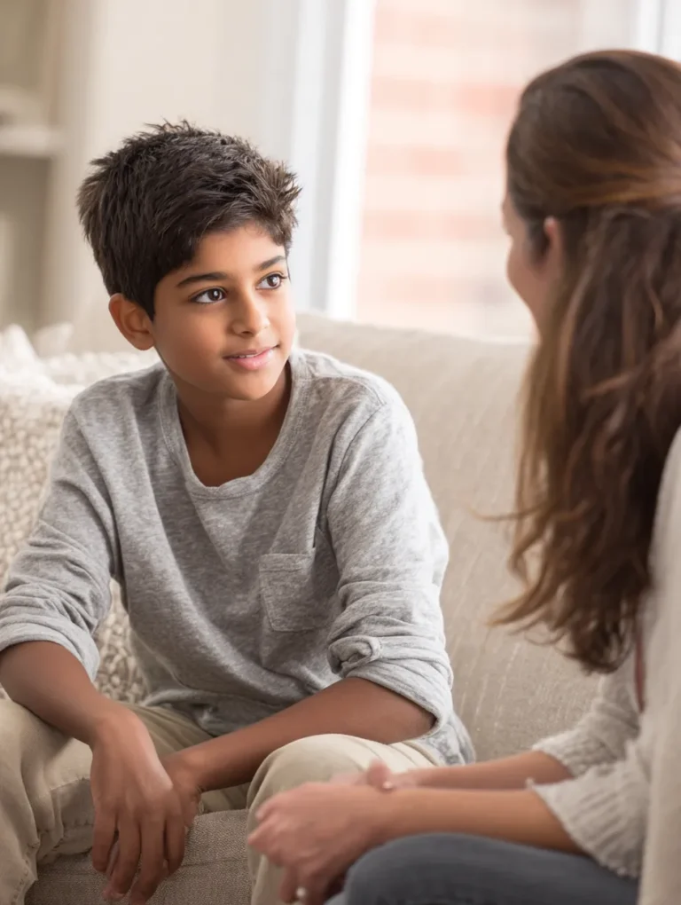 a tween boy talking to a child therapist