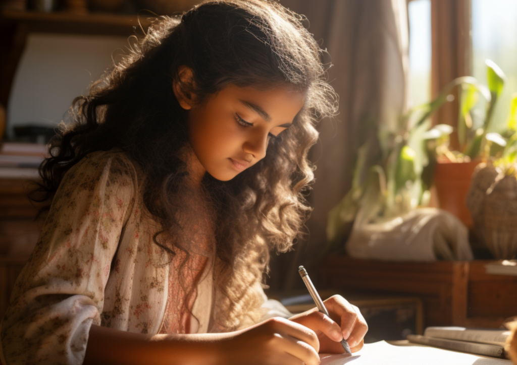 tween girl studying in bedroom