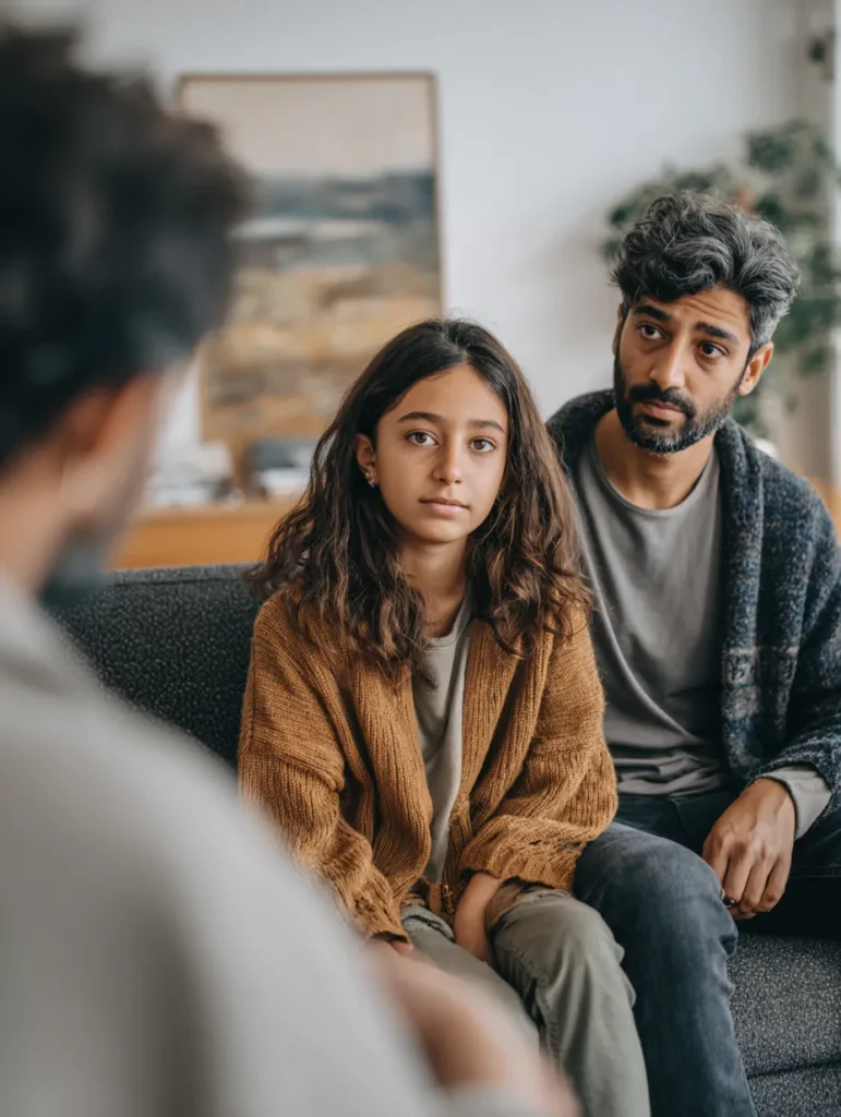 a tween girl with her father talking to a child therapist