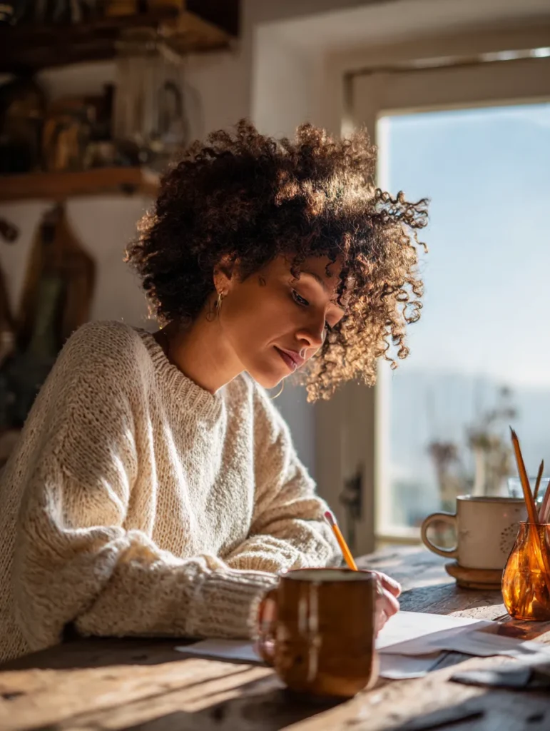 a woman who is drawing and colouring at home for stress relief