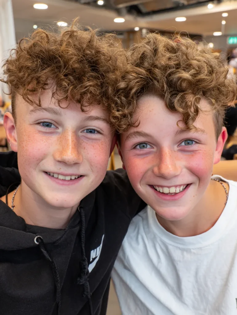 two happy boys who are brothers smiling at the camera