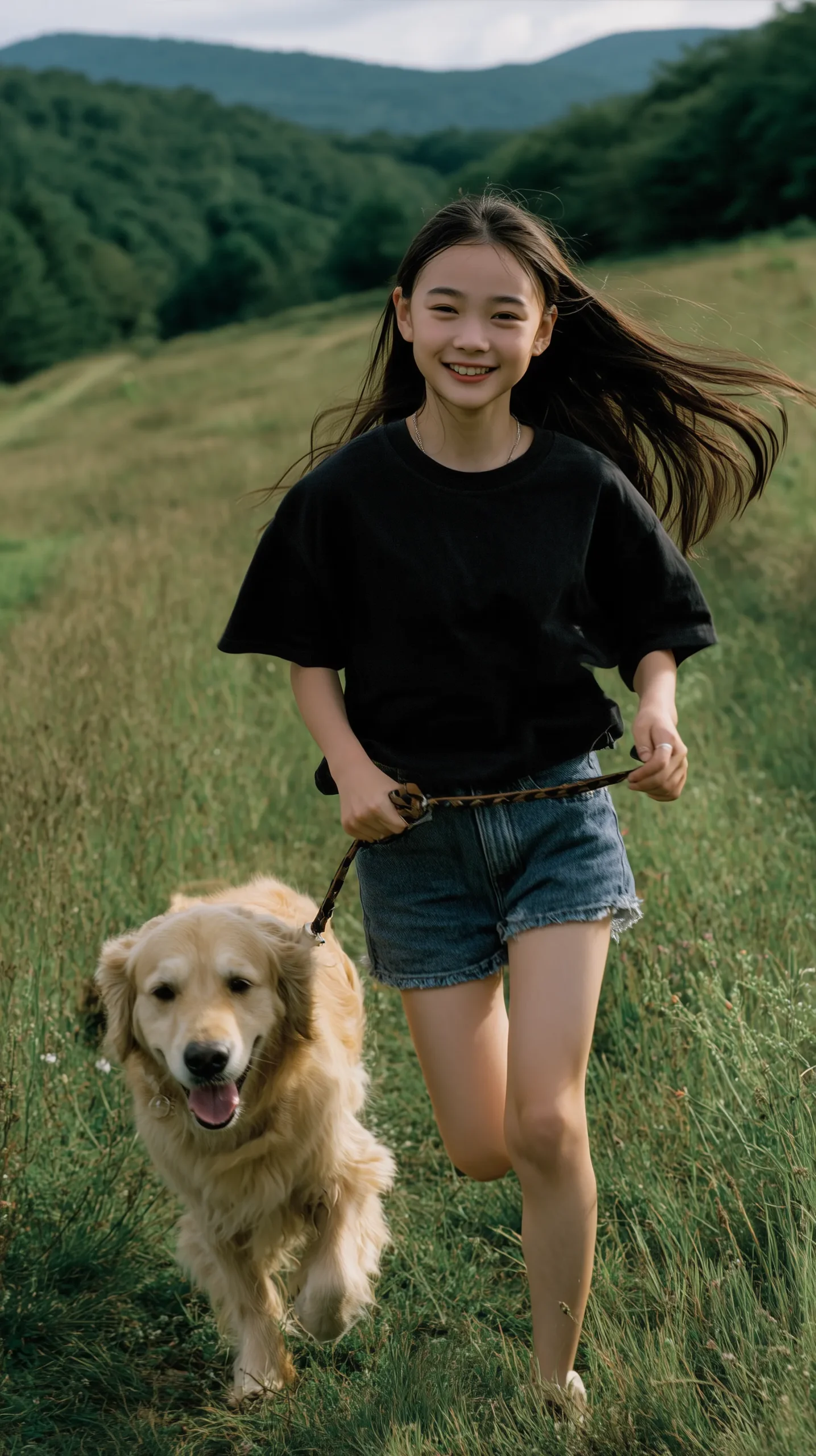 a girl running in the countryside with her dog