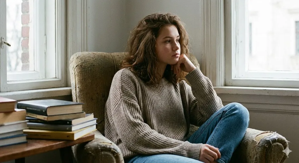 a serious teen girl sitting in an armchair