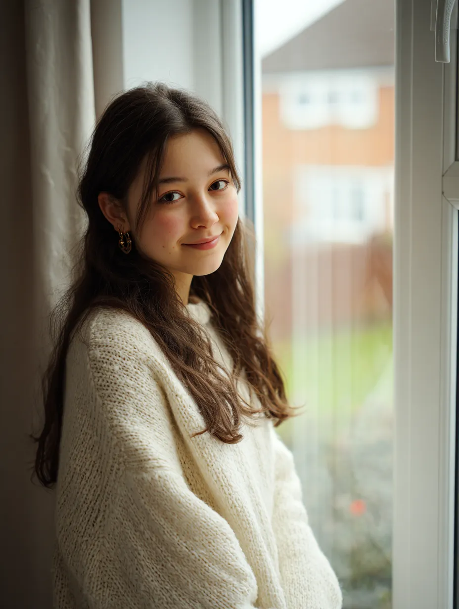 a happy and thoughtful teenage girl standing by a window