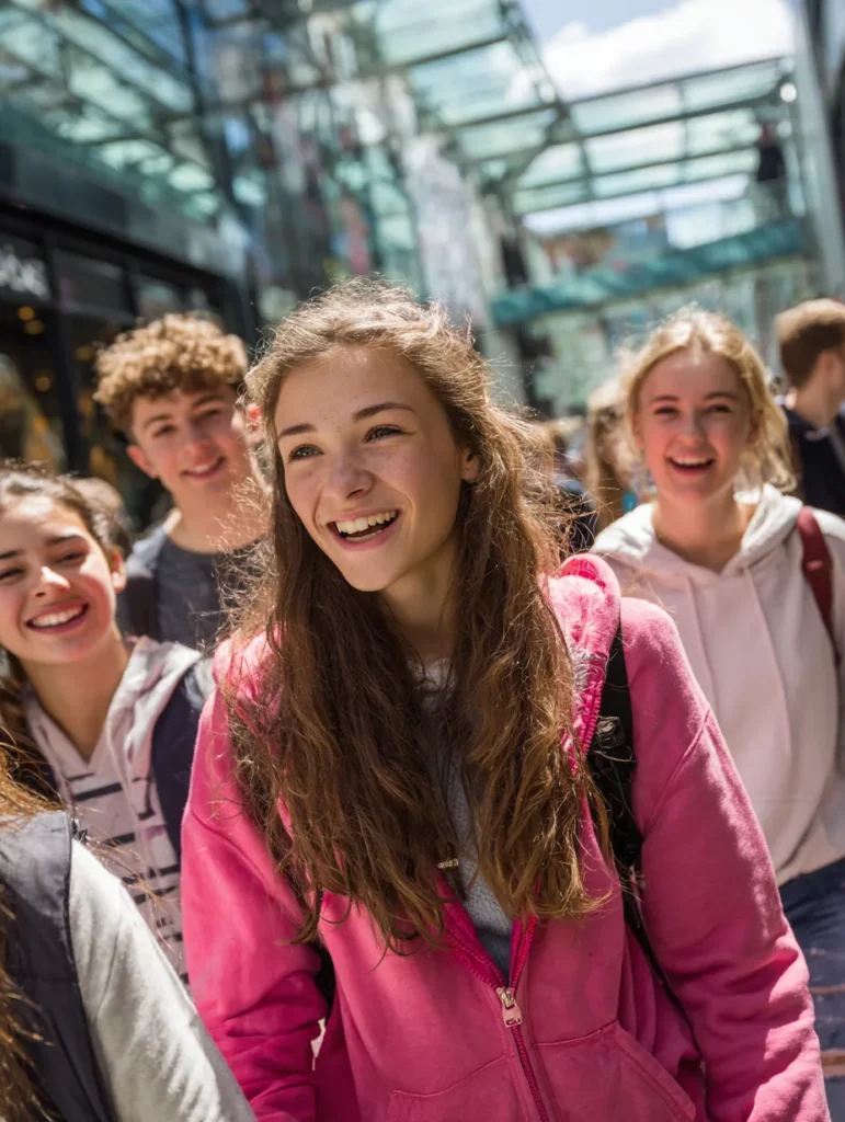 a teenage girl in a shopping mall with other teens
