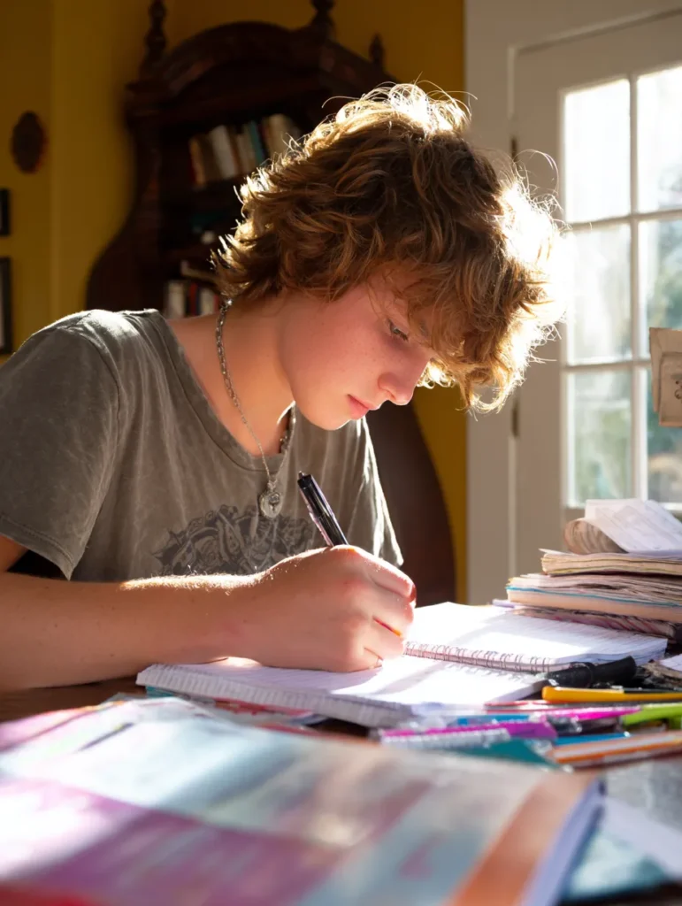 a teenage boy studying at his desk