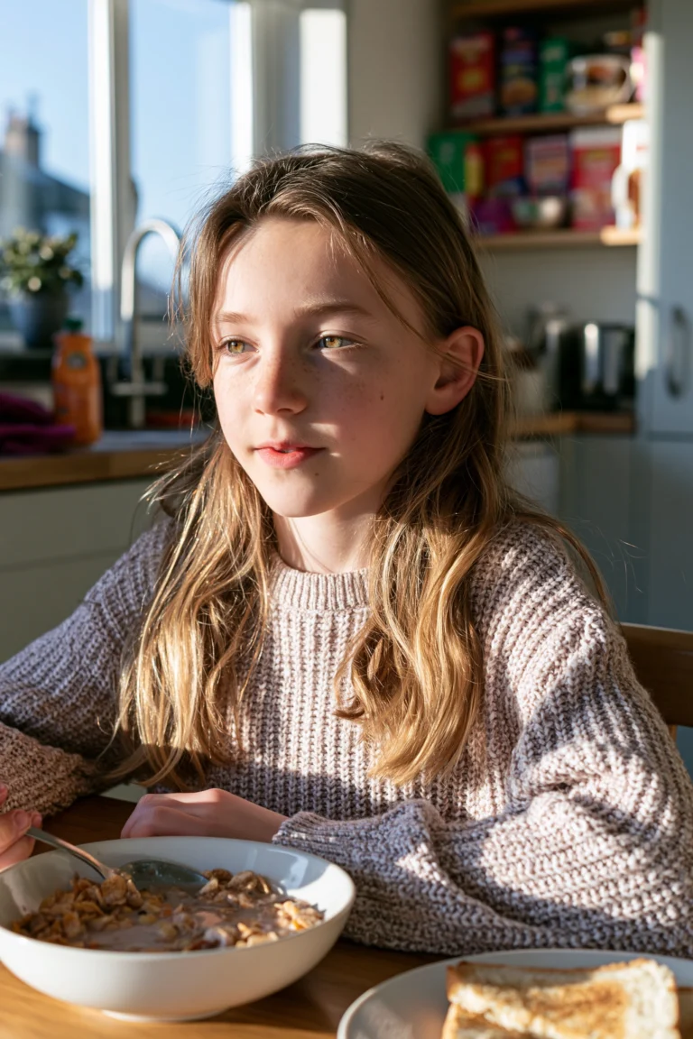 eleven year old girl in her kitchen eating breakfast