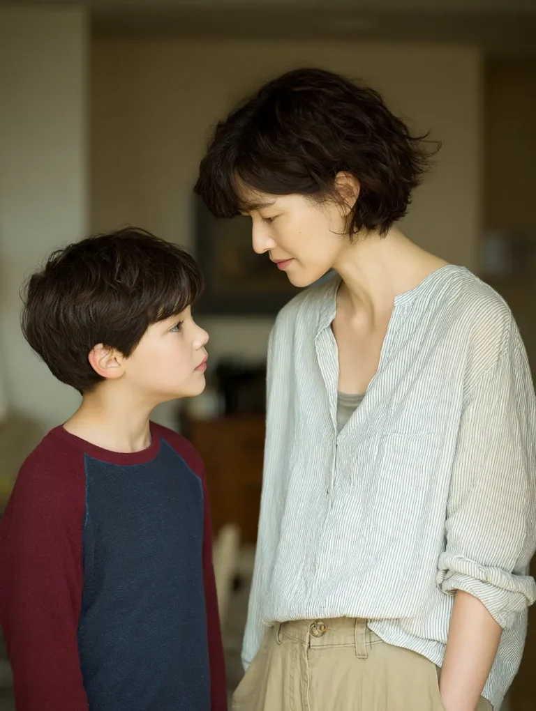 a mother and her ten year-old son having a serious chat at home