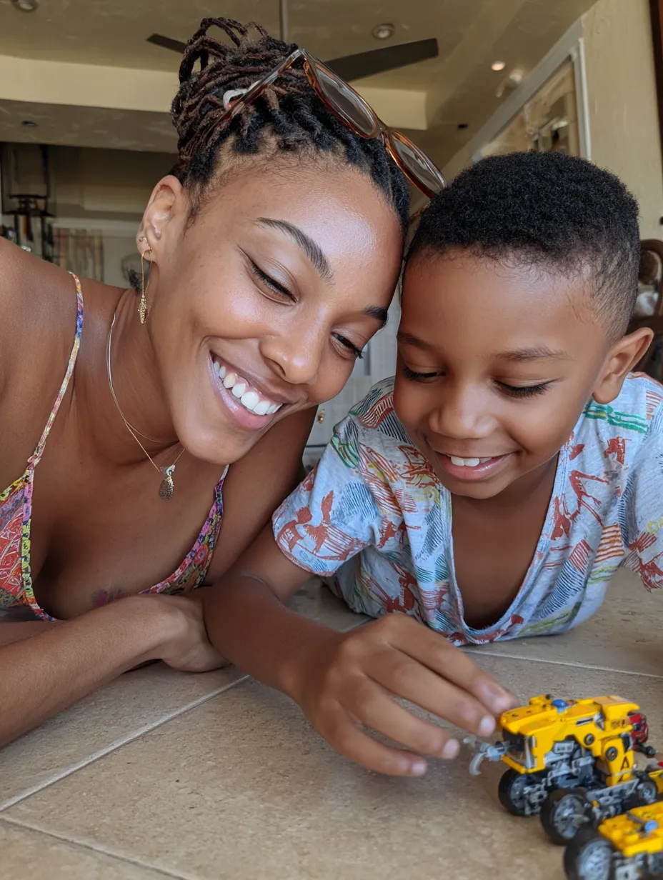 a mother engaging in child led play with her 6 year-old son